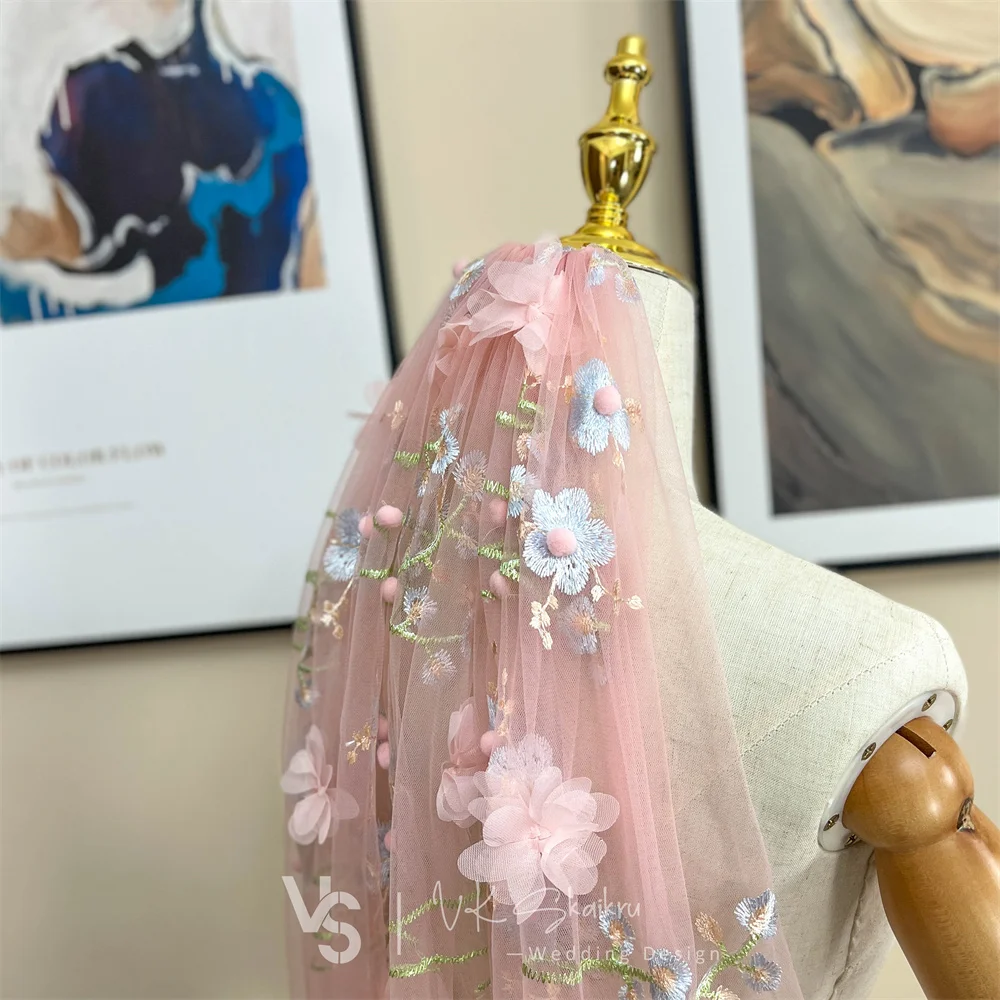 VK SKAIKRU ثلاثية الأبعاد نسيج الدانتيل الأزهار حجاب الزفاف للعروس طبقة واحدة حجاب الزفاف الإصبع مع مشط قطع حافة حجاب الزفاف قصيرة