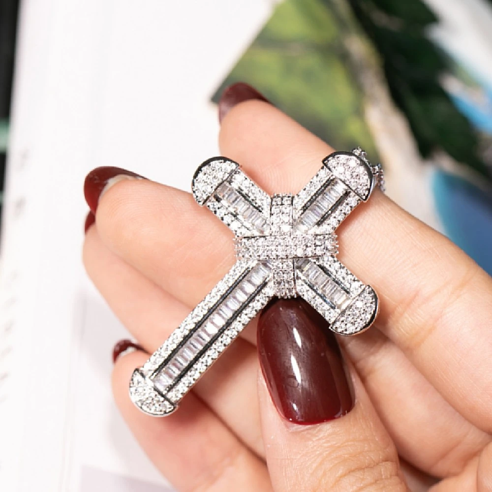 Luxury 925 Silver Exquisite Bible Jesus Cross Pendant Necklace for Women men Crucifix Charm Simulated Platinum Diamond Jewelry