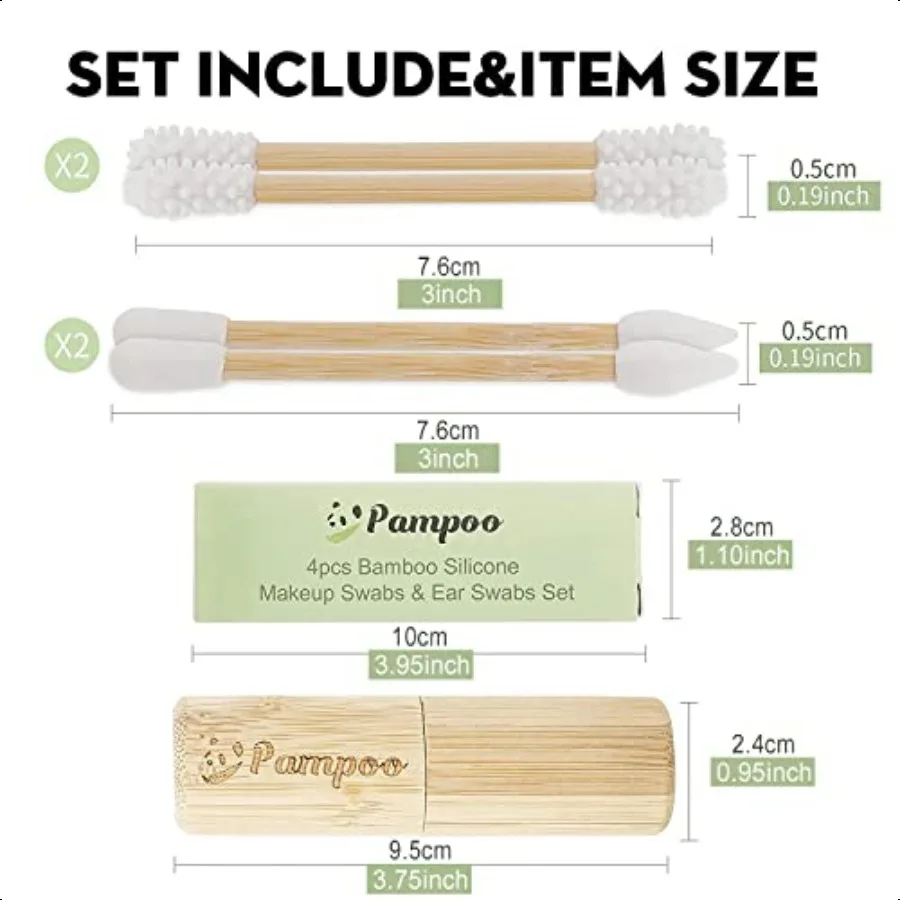 Pampoo 4 pezzi Qtips riutilizzabili senza plastica con custodia in bambù Tampone di cotone riutilizzabile Qtip Zero Waste Packagengthen Bamb spesso