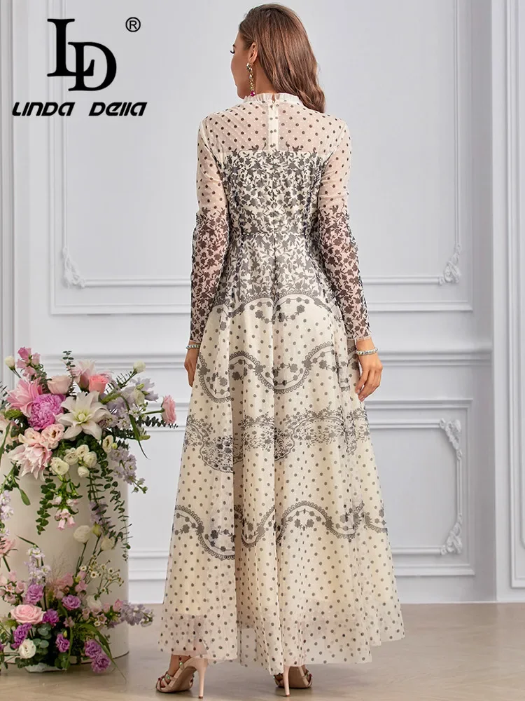 LD LINDA DELLA 2024 Summer Fashion Dress Women Bohemian Polka Dot Floral Print Chiffon Net Yarn Temperament Dresses Sizes S-4XL