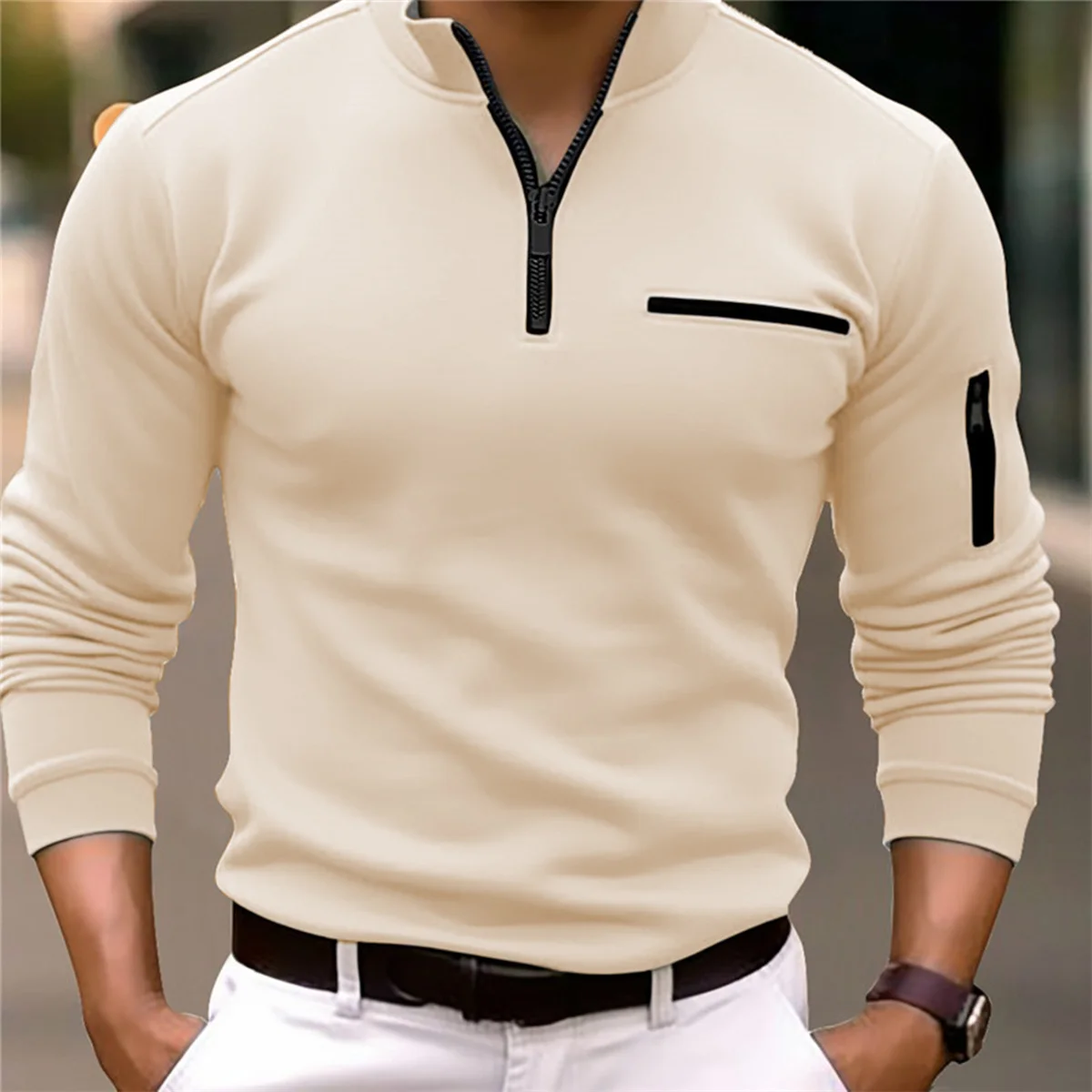 Herren Hoodie Polos hirt einfarbig Langarm Arm Brust Reiß verschluss Design leicht reif Casual Sport lose Mode Herbst
