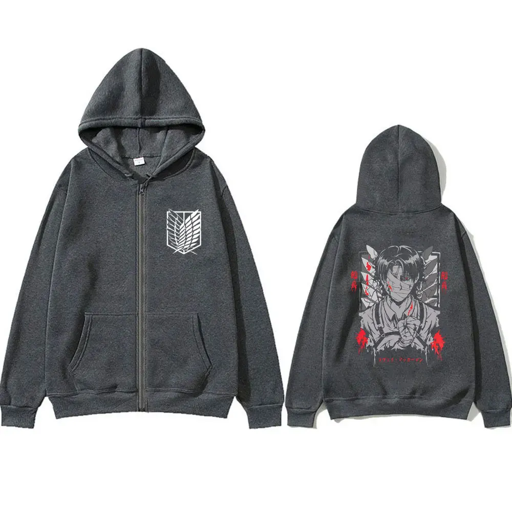 Anime Attack on Titan Levi Ackerman Face Graphic Zipper Hoodie Men Cartoon Manga Merch Zip Up Jacket Men's Oversized Streetwear