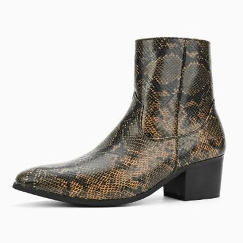 New Fashion Handmade Men High Heels Snake 2027 Skin Ankle Boots for Men Chelsea Leather High Top Mens Dress Shoes Bota Masculina