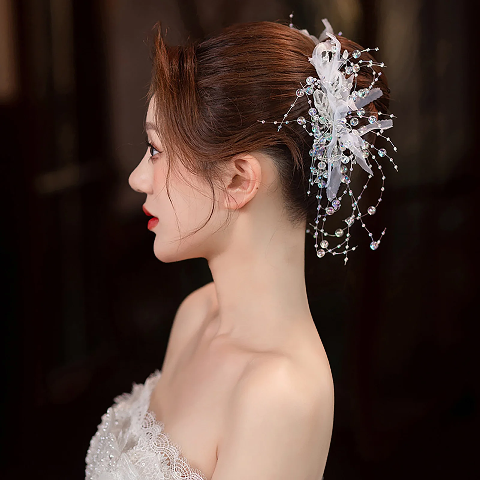

Vintage Flower Tassel Hair Clips Elegant Headpiece Clip with Clear Beads for Hair DIY Accessory Hair Styling
