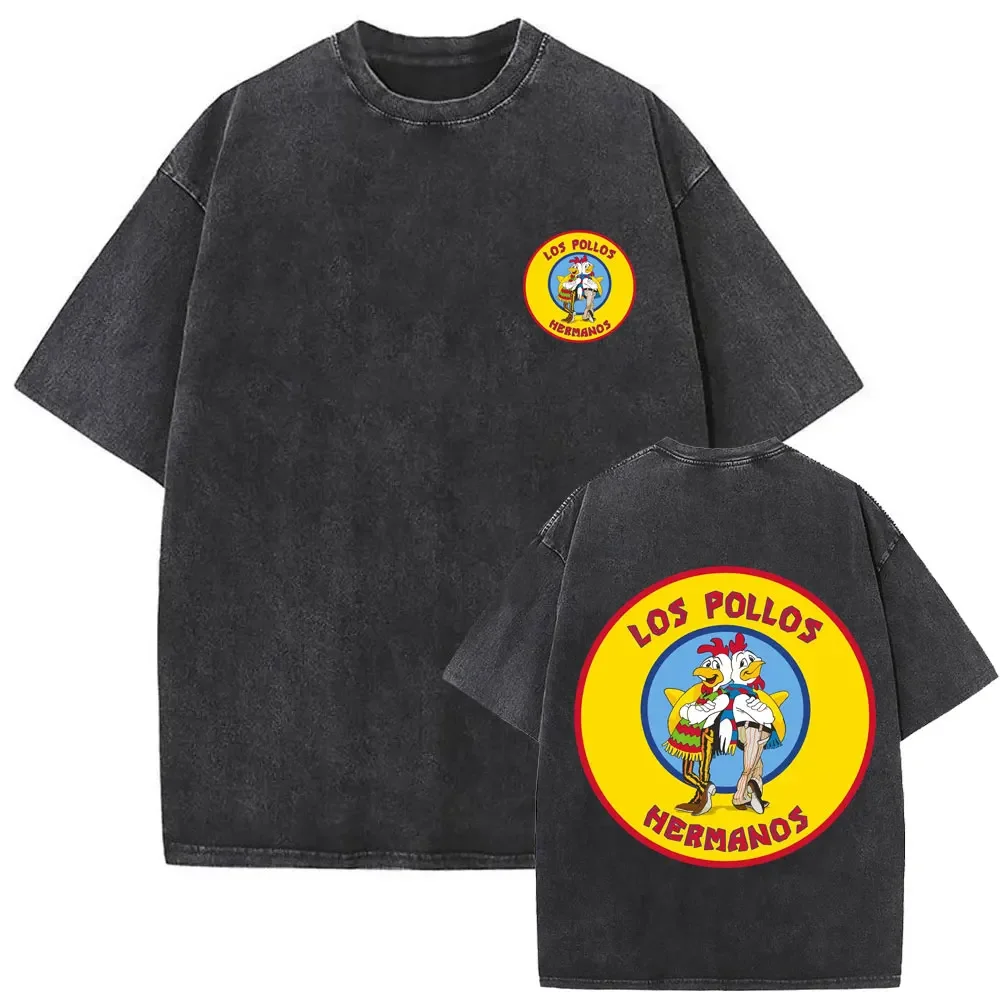 

Summer Women's Fashion Water Wash Vintage Retro Los Pollos Hermanos Chicken Pattern Men's T-shirt Casual Loose Streetwear Top