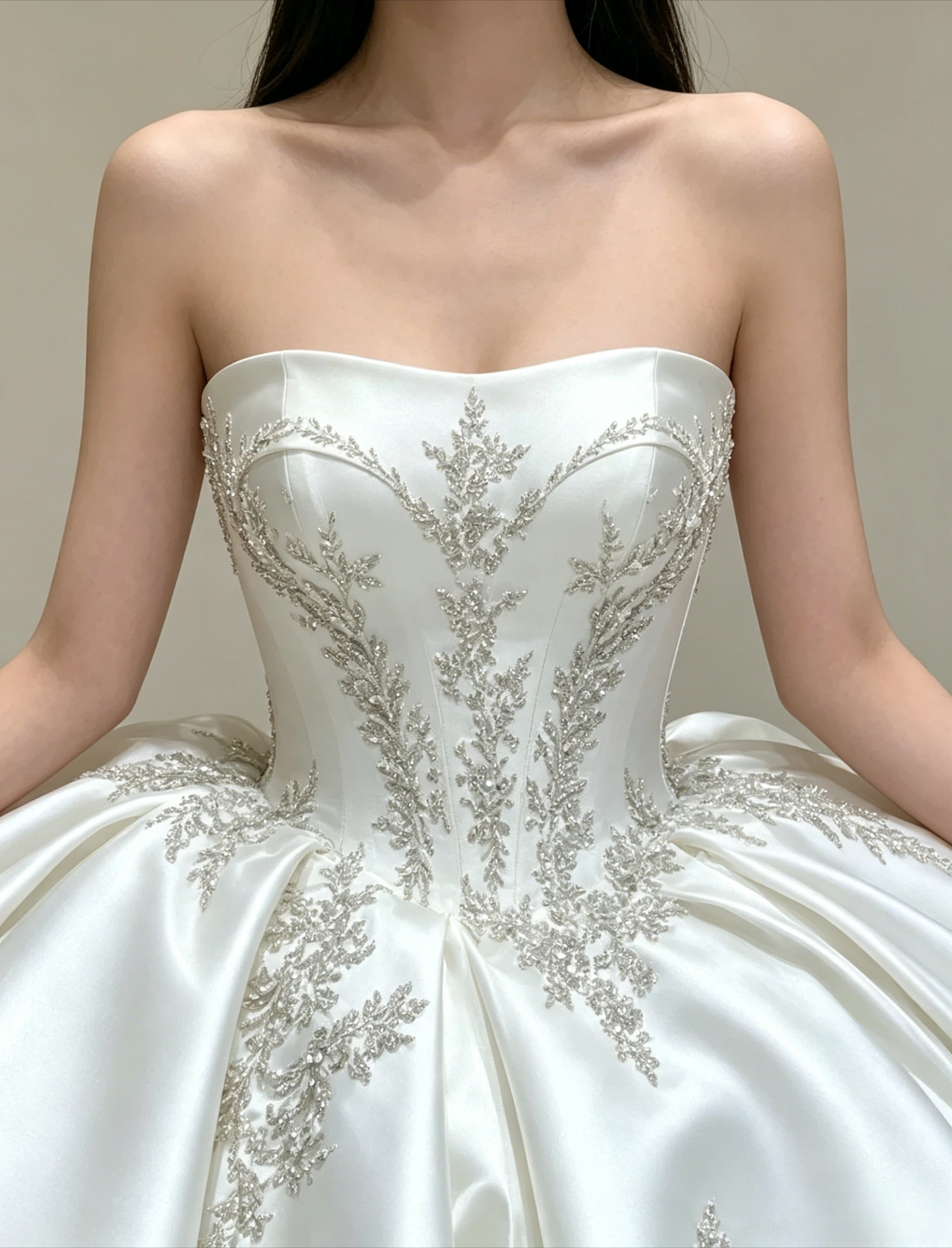 Customized Strapless Satin Ball Gown Silver Beaded Lace Appliques Court Train Vintage Corset Back Elegant Cathedral Bridal Dress