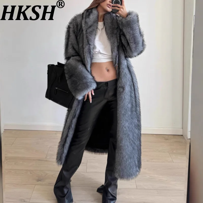 

HKSH Autumn Winter New Women Long Coat Turn-down Collar Faux Fur Luxury High-end Temperament Elegant Fashion Warm Jacket HK12257