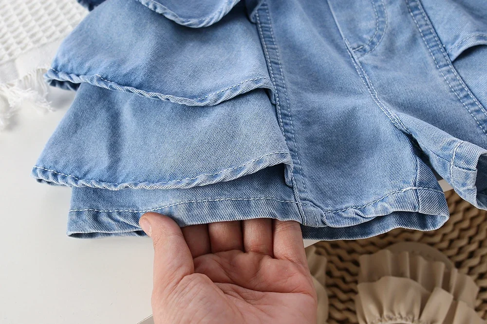 Celana pendek Jeans anak perempuan, rok celana renda kue anak-anak tipis baru, celana pendek Denim Luaran bayi perempuan musim panas untuk anak perempuan