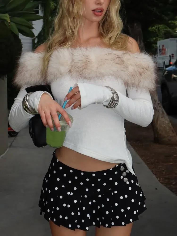 Autumn And Winter New Sexy One-shoulder Fur Collar Stitching Irregular Long-sleeved Slim-fit Top Women's Street Fashion Tops