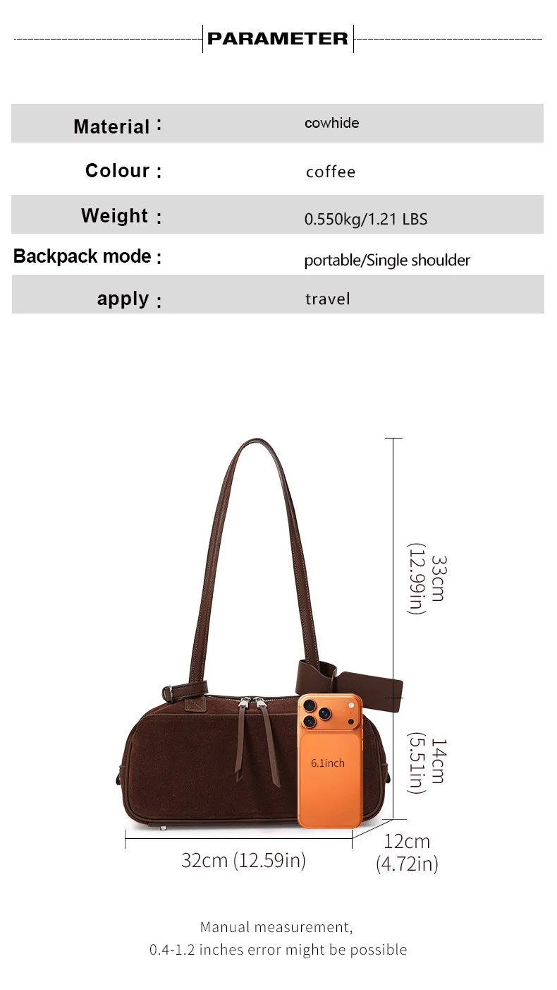 Echte Rindsleder-Damenhandtasche, Einzel-Schulter-Unterarmtasche, Wildleder-Gebürstete Bowling-Tasche – Detail 4