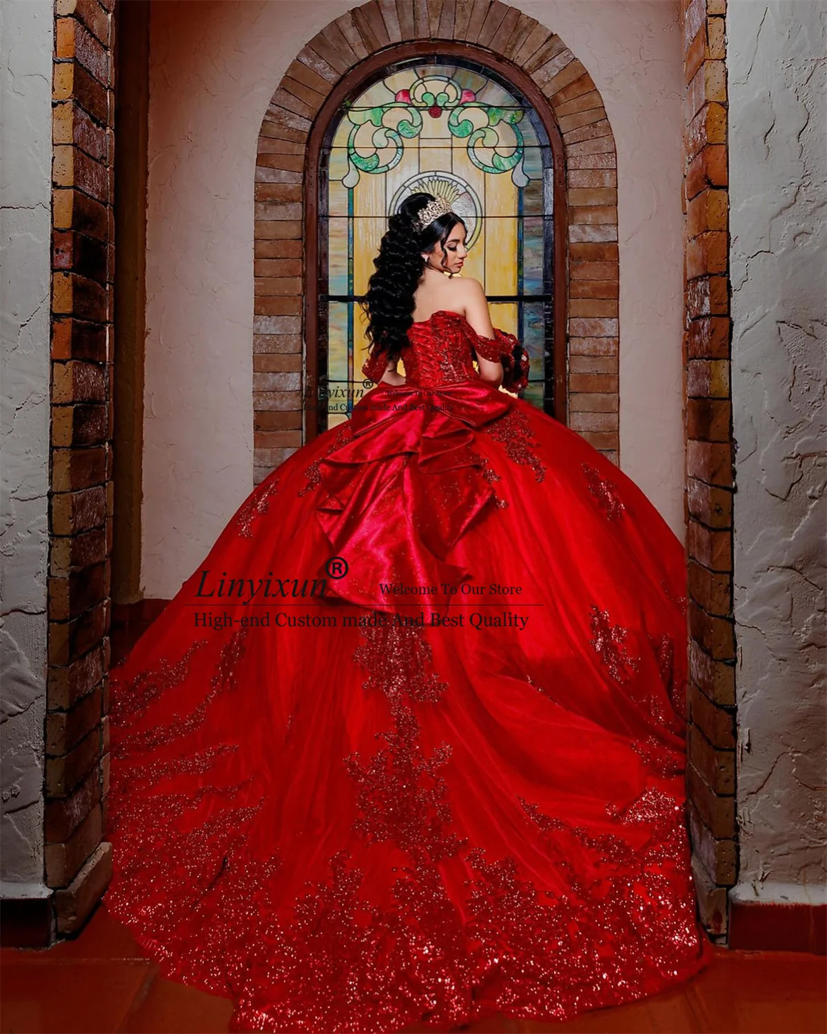 Princess Red Ball Gown Quinceanera Dresses With Applique Beading Sequin Sweet 16 Off Shoulder Court Train Vestidos De 15 XV Años