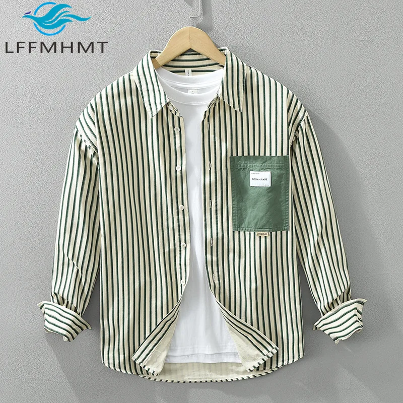 7236 Single Pocket Patchwork Classical Striped Long Sleeve Shirt Men's Japan Style High Quality Pure Cotton Business Casual Tops