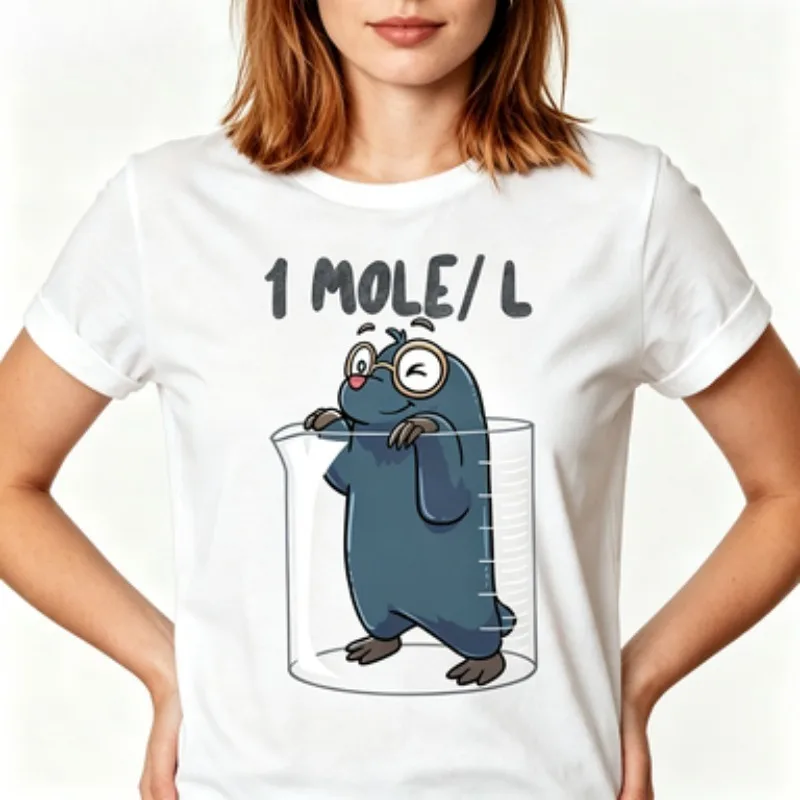 Women Cotton Round‑neck Short‑sleeve T‑Shirt 1 Mole/L Cute Cartoon Mole Beaker Print Science‑lover Casual Female Tops