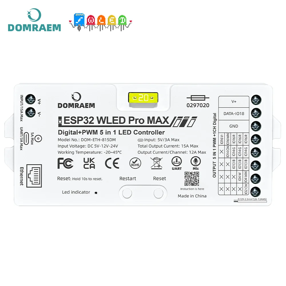 DOMRAEM ESP32 WLED All in One LED Controller Pro/Pro MAX Digital+PWM 5IN1 Ethernet/WiFi Music Sync Alexa Home Assistant WS2812B