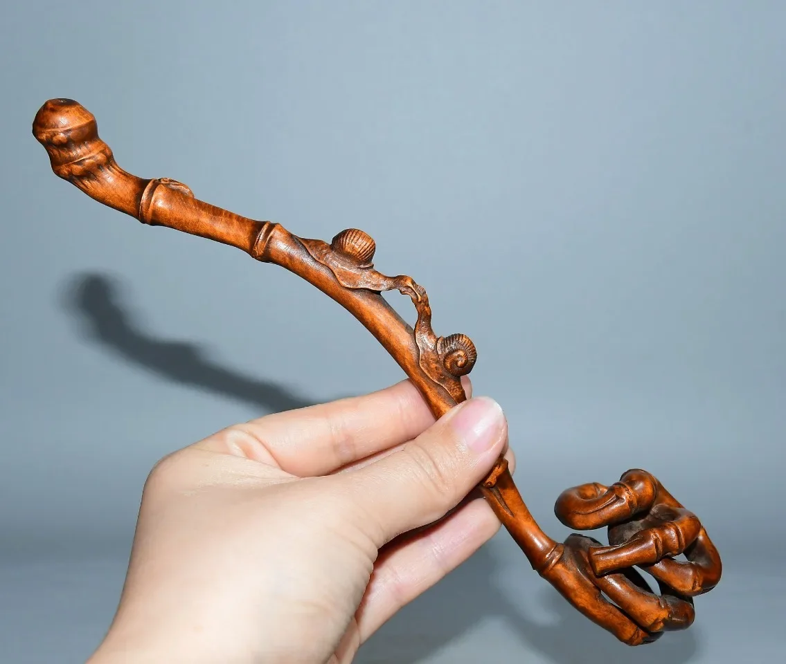 

9"Tibetan Temple Collection Old Boxwood Twisted shape of tree roots Snail statue Ruyi Screen Amass wealth Ornaments Town house