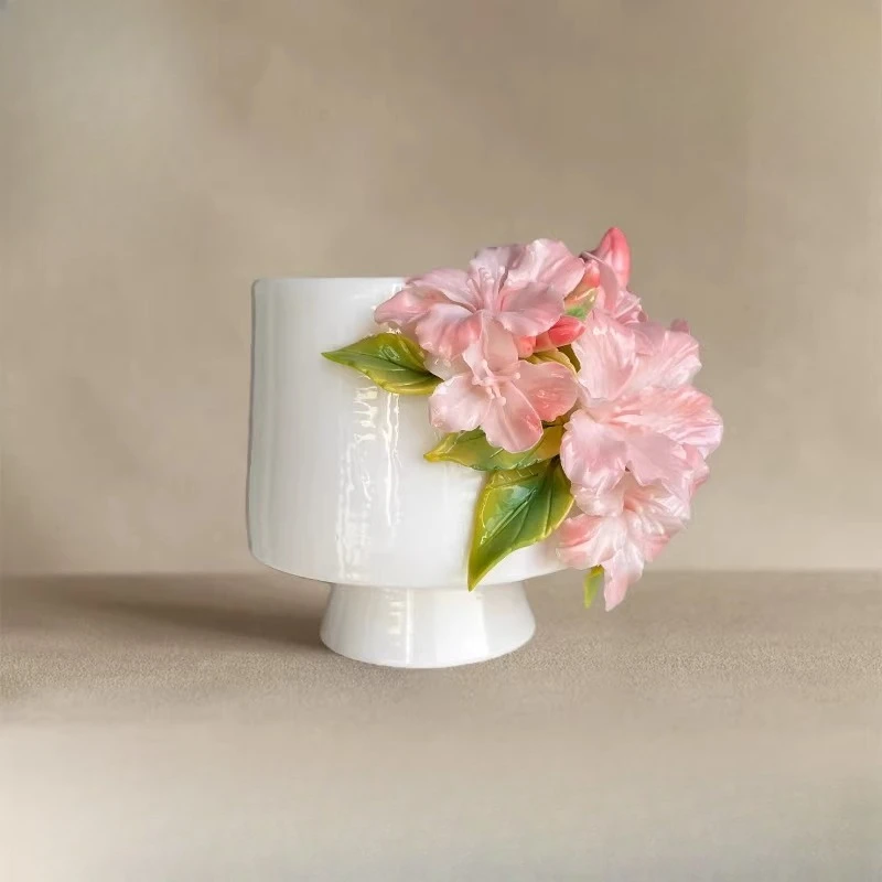 Cultural Heritage hand-squeezed flower pink rhododendron ceramic cup coffee cup master cup birthday gift new year gift
