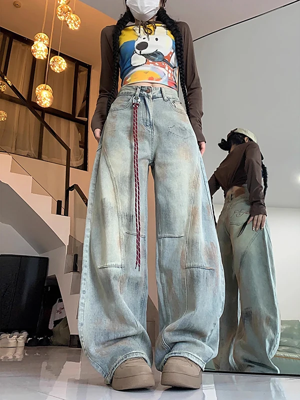 

Retro American Dirty Dyed Knife Jeans Women's Loose Wide Leg Workwear Trousers High Waist Casual Comfortable Denim