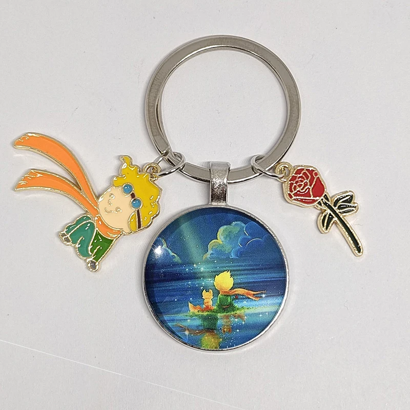 New Little Prince Fox Keychain Starry Sky Back Metal Rose Keyring Pendant Creative Gift Hang Bag