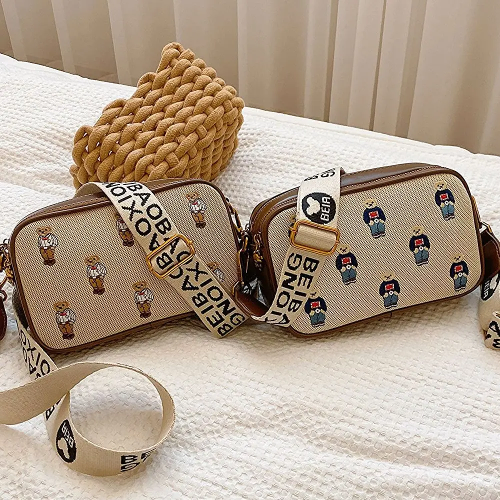 Cute Little Bear Embroidery Women Shoulder Bag PU Leather Square Crossbody Bag Zipper Large capacity Travel Phone Bag