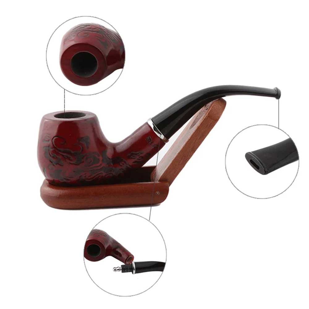 Solid Wood Resin Tobacco Pipe Red Black Pattern Carving Smoke Pipe Elbow Roll Filter Cigarette Holder Herb Grinder Smoking Tools