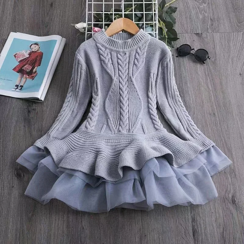 Long Sleeve Girls Winter Dress For 3-7 Years 2024 New Knitted Sweater Outfits Red Christmas Party Dress for Girls Kids Costume