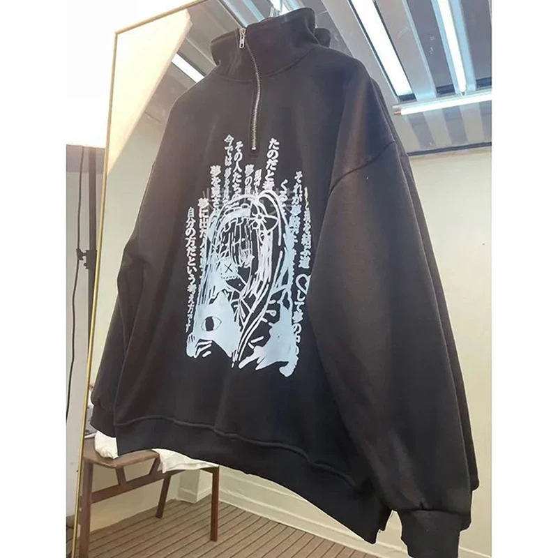 Sweat-shirt gothique à manches longues pour femmes, sweat-shirt de rue, Anime japonais, Y2K, col montant, décontracté, ample, paresseux, hip hop, printemps-automne