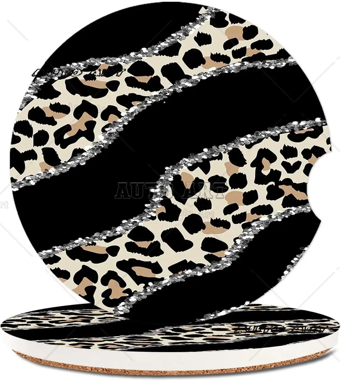 Car Cupholder Coaster 2 Pack Ceramic Stone with a Finger Notch Cute Auto Accessories Gifts Leopard Pattern