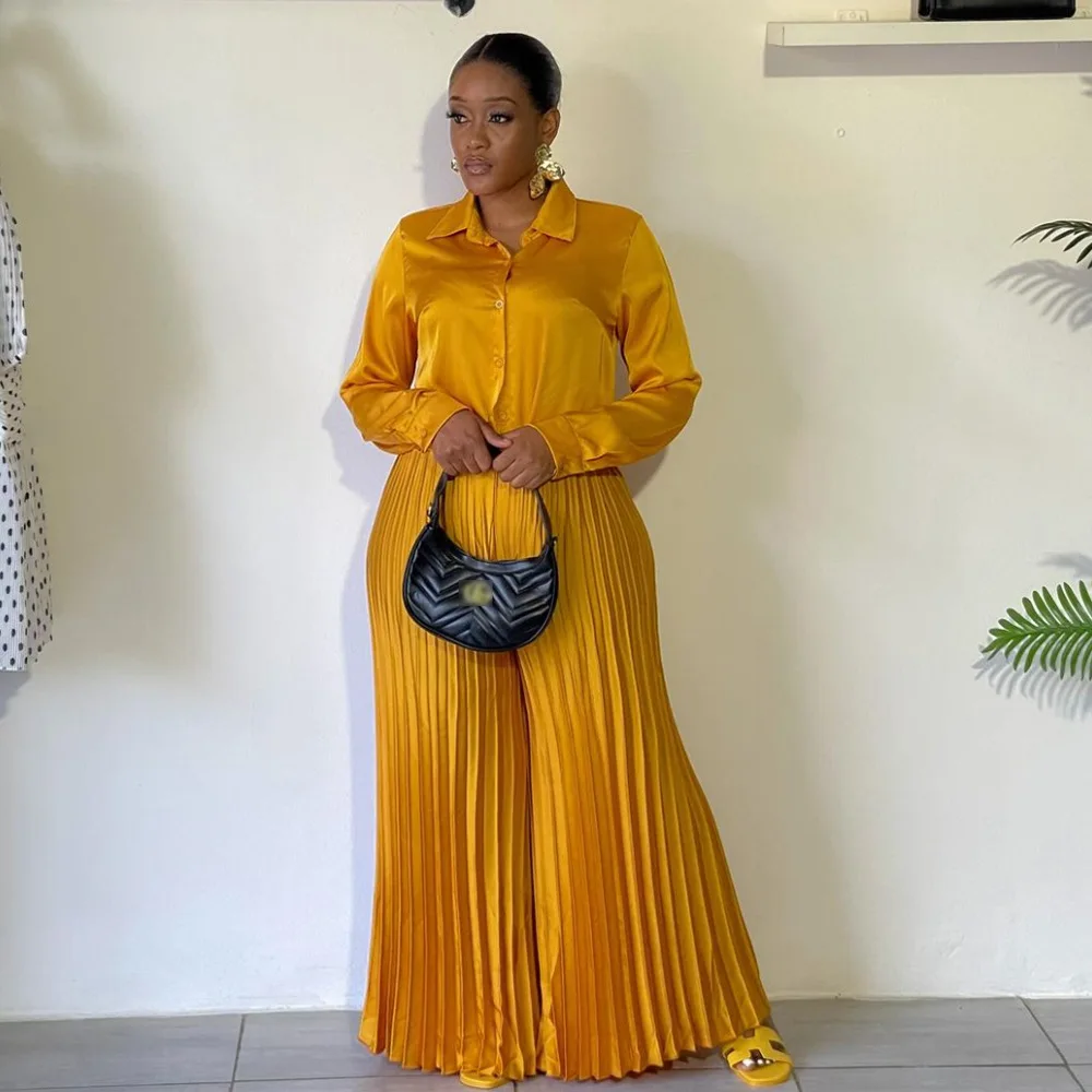 Plus Size Casual Pleated Two Pieces Set Elegant Long Sleeve Crop Top Wide Leg Pants Oversized Tracksuit Women Clothings 2 Pieces