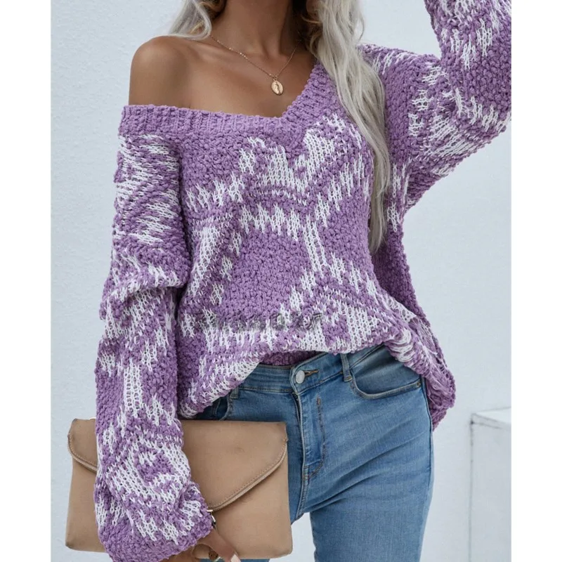 Otoño Invierno nuevo suéter de punto estampado mujer moda cuello pico suelto manga larga suéter temperamento señoras prendas de punto Tops