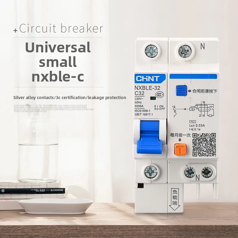 Chint NXBLE-32/DZ47LE Interruttore d'aria per perdite 1PN/2P/3PN/3P+N - 10A-32A, capacità di interruzione 6kA, montaggio su guida DIN per casa/ufficio