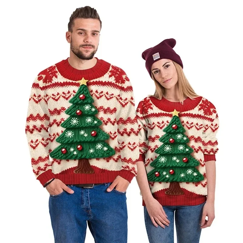 Men Women New Year Eve Xmas Sweatshirt 3D Christmas Tree Print Ugly Christmas Sweater Unisex Pullover Holiday Party Jumper Tops