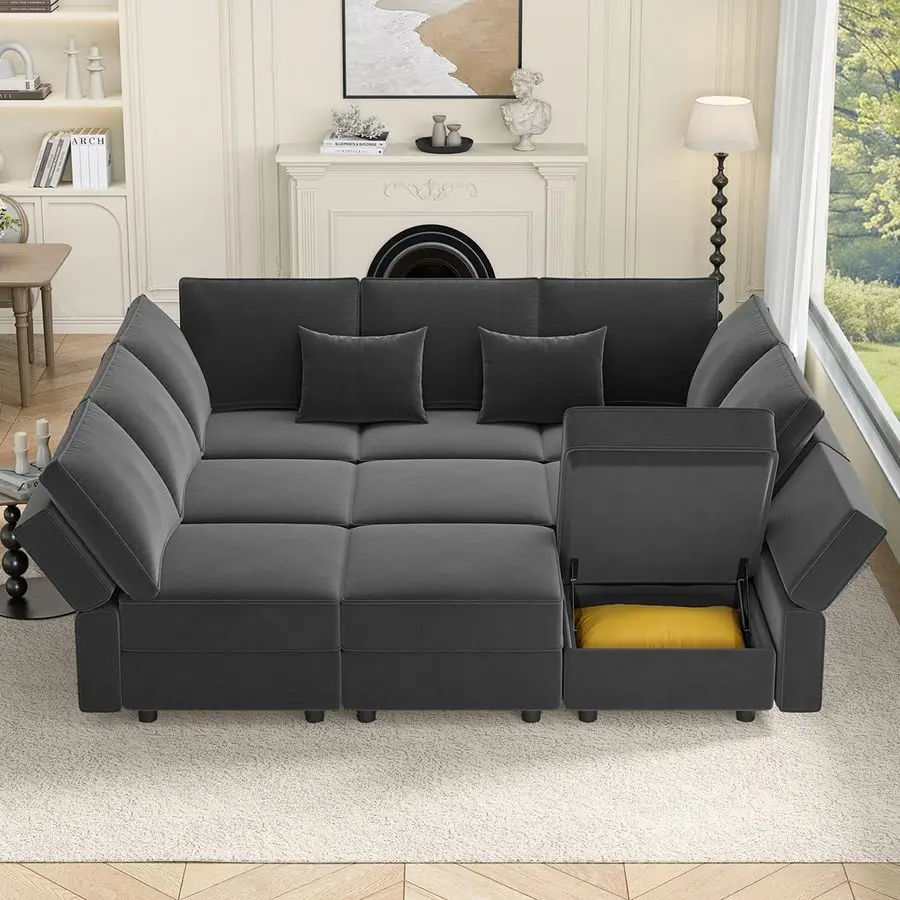 

Modular Sofa Bed with Storage, 92 Sleeper Sofas with 9 Seats Storage Chaises Removeble Cover,Luxury Large Velvet Sectional Couch