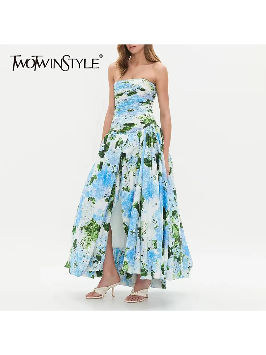 TWOTWINSTYLE الطباعة التخسيس تقسم طيات فساتين طويلة للنساء حمالة أكمام تونك سبليت فستان أنيق أنثى جديد