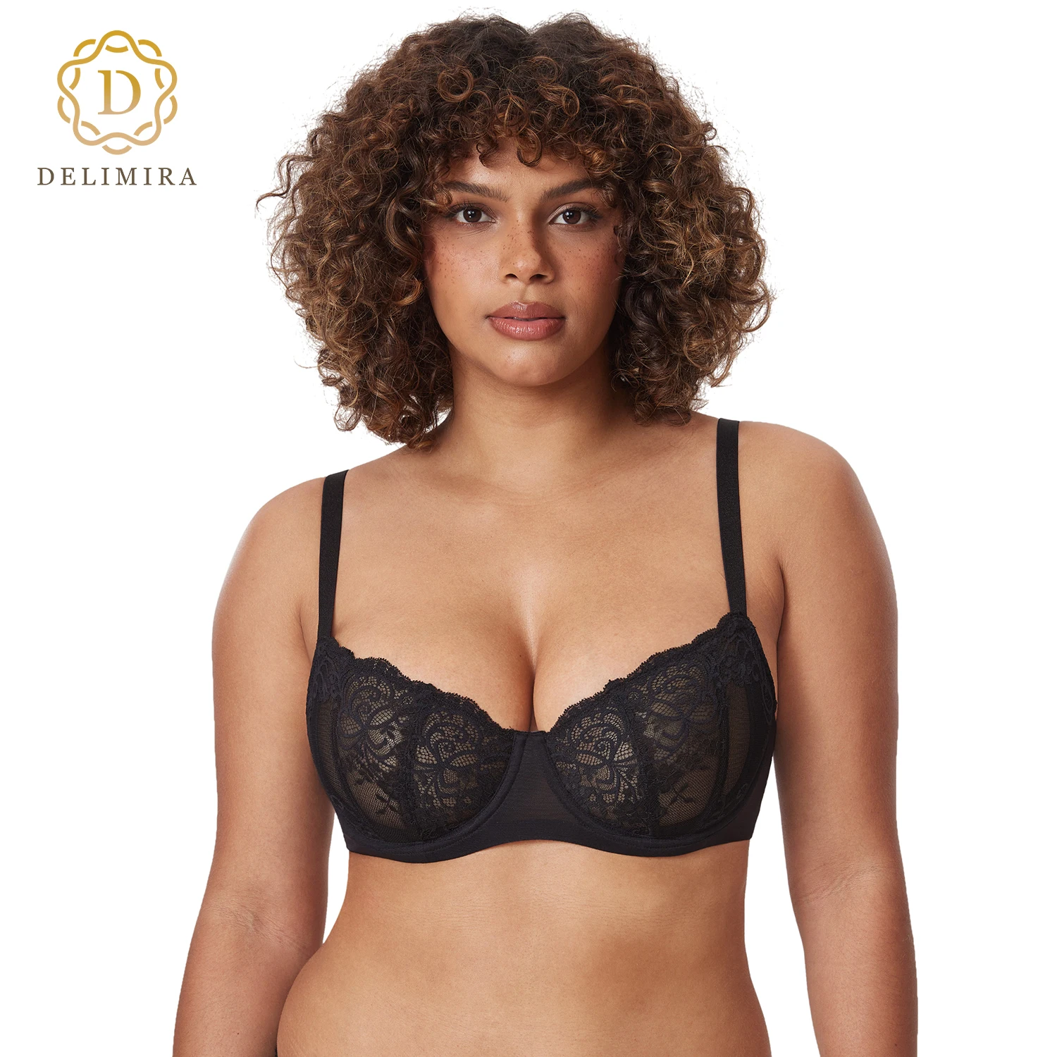 

DELIMIRA Women's Balconette Lace Bra Plus Size Sexy See Through Unlined Underwire Transparent Full Coverage Bras