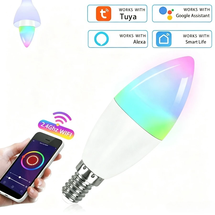 Smart LED Candle Bulb E14 Base RGB Color Changing Dimmable Chandelier Light Bulb Compatible with Google Home Smart Life Tuya