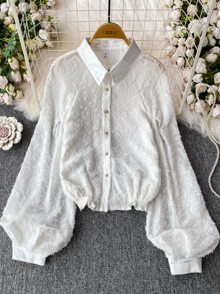 

New 2025 White irt Women Casual Single Button Loose Slimming Top Lantern Sve Sun Protection Fringed Collar Commute ...