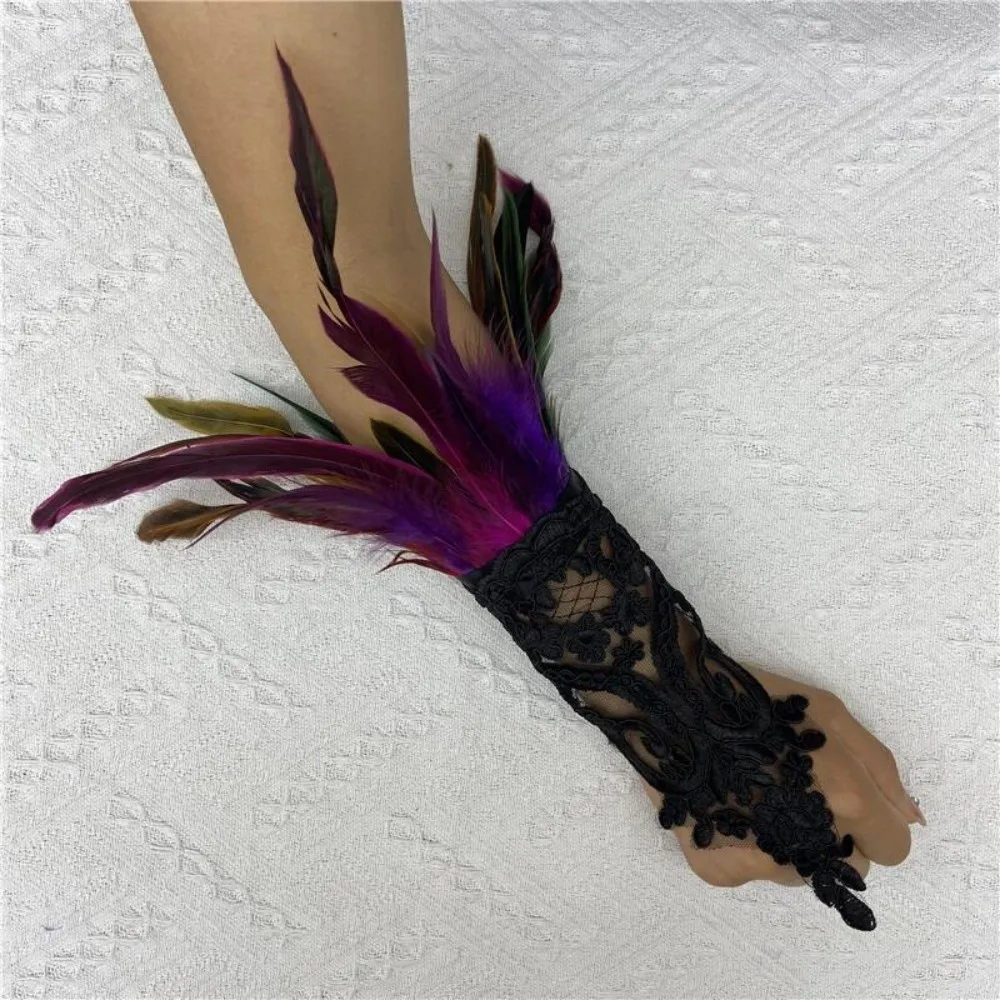 Creative Wristband Halloween Feather Gloves Embroidery Gothic Feather Lace Glove Dark Retro Women Halloween Cuffs Carnival