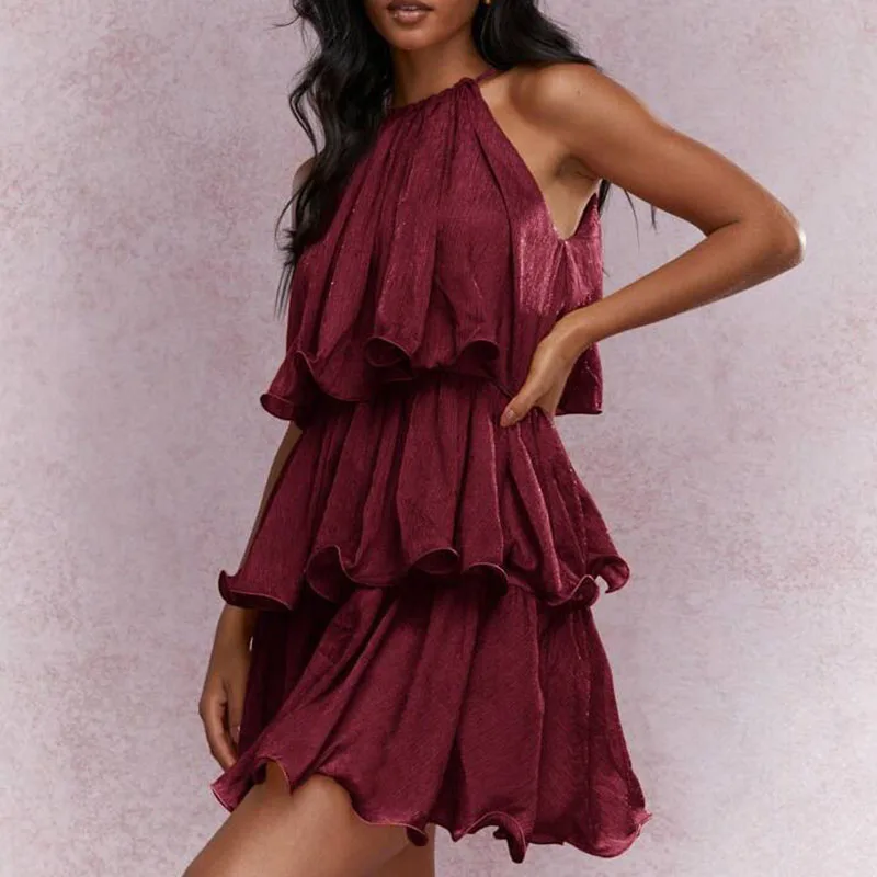 Vestido curto de festa com design de babado em camadas, temperamento simples, sem mangas, camisola, sexy, feminino, halter, sem mangas, praia