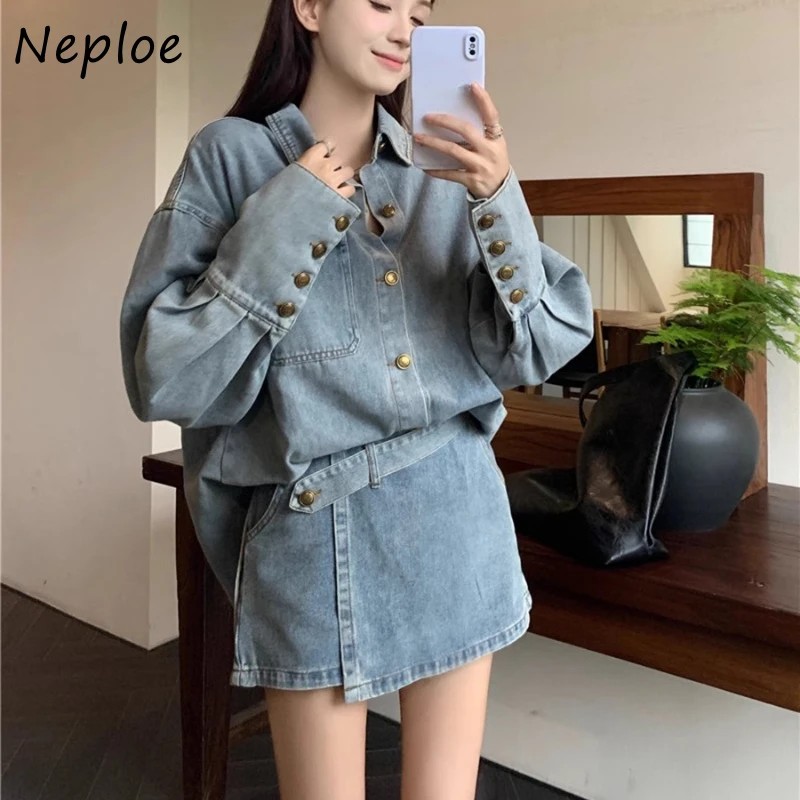 Neploe Vintage Long Sleeve Denim Shirts Women+ Y2k Irregular High Waist Skirts Two Piece Sets 2024 Spring New Two Piece Sets