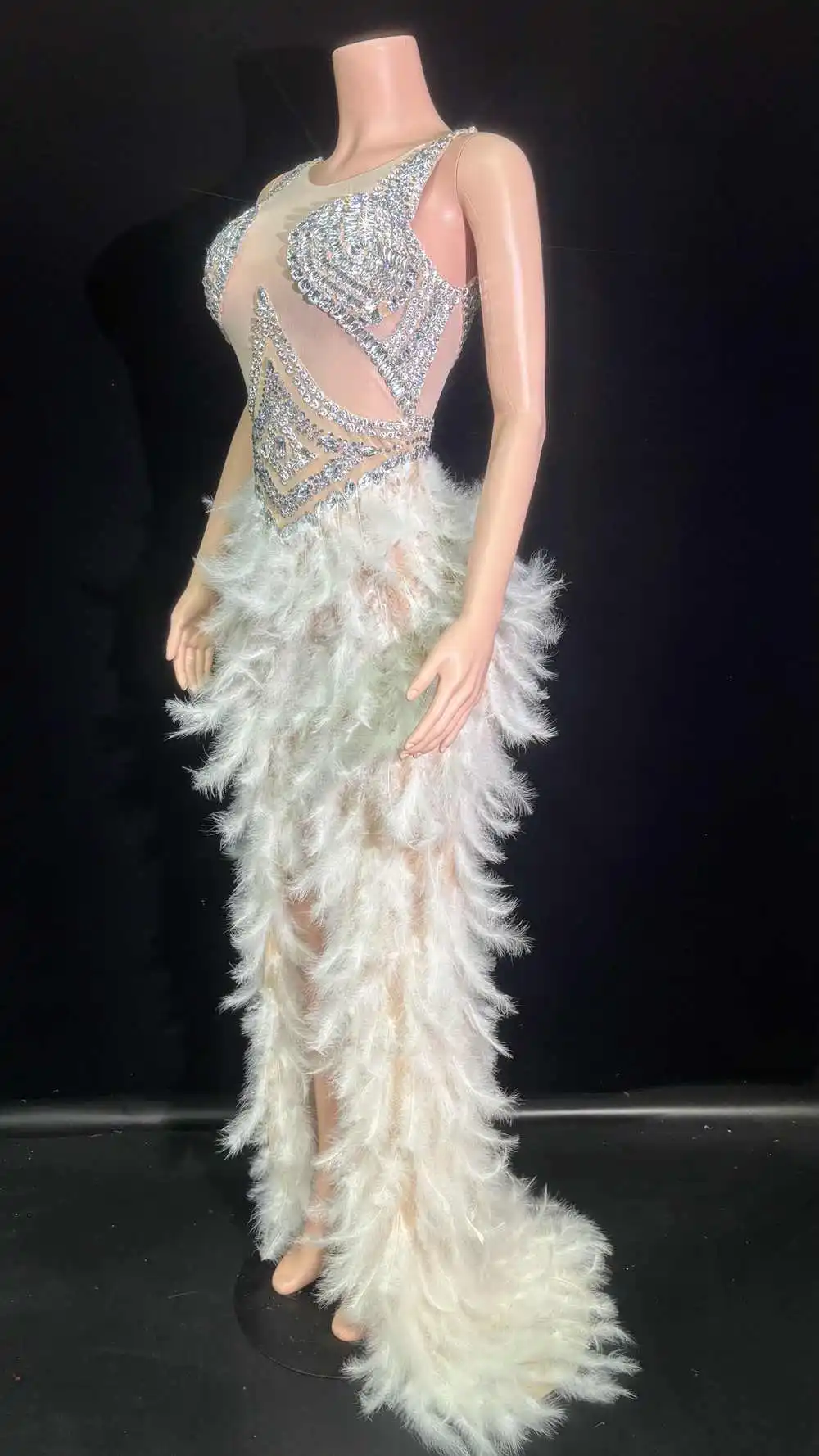 Sparkly Rhinestones Feathers Long Tail Dress for Women Sexy Transparent Evening Event Celebrate Birthday Dress Stage Wear