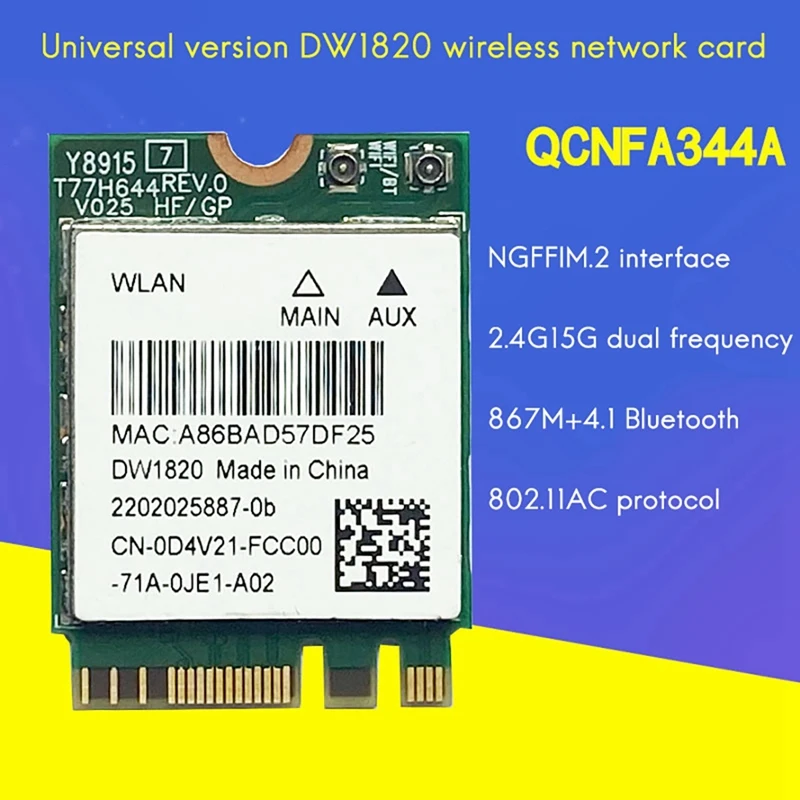 DW1820การ์ดเครือข่ายไร้สาย QCNFA344A 2.4G + 5G กิกะบิตบลูทูธ4.1การ์ดเครือข่าย NGFF รองรับ802.11AC