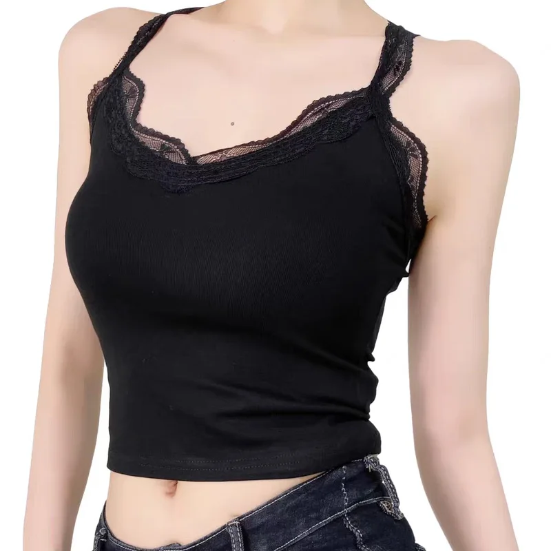 

Fashion Women Tank Tops Lace Cotton Street Sexy Club Black White Summer Casual V-neck Vest Off Skinny Slim Casual Crop Tops Y2K