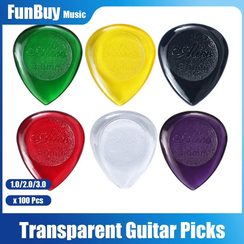 100pcs Alice Transparent Big/Small Durable Clear Water Drop Guitar Picks Rain Drop Bass Guitar Picks Plectra 1.0/2.0/3.0mm