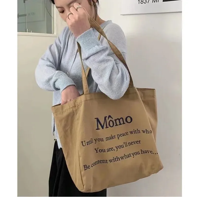 Women Canvas Shoulder Bag Momo Letter Printing Ladies Casual Handbag Tote Bag Large Capacity Cotton Reusable Shopping Beach Bag