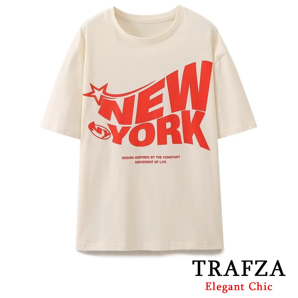 TRAFZA Summer Classic T-Shirt Women Young T-Shirt Creative Text Prints New for 2024 Summer Fasion Casual New York T-Shirt