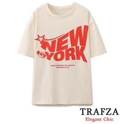 TRAFZA Summer Classic T-Shirt Women Young T-Shirt Creative Text Prints New for 2024 Summer Fasion Casual New York T-Shirt