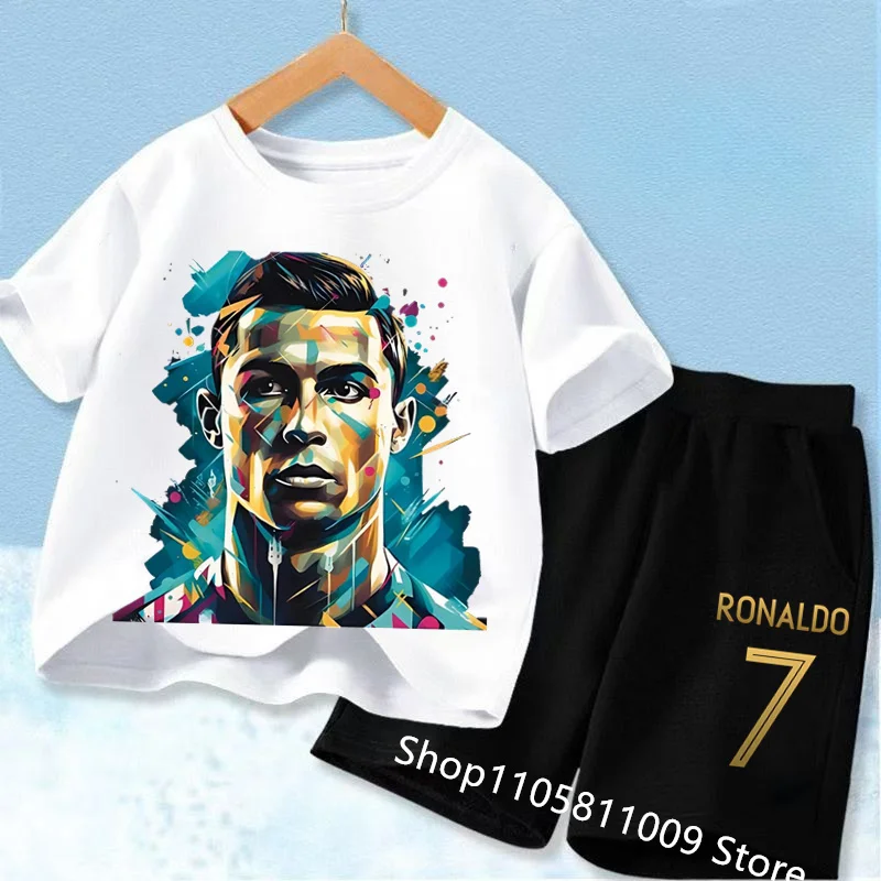 2026 New Kids CR7 Ronaldo Soccer Print Short Sleeve T-Shirt & Shorts 2pcs Set Summer Sports Clothing Outfit for Boys Fashion