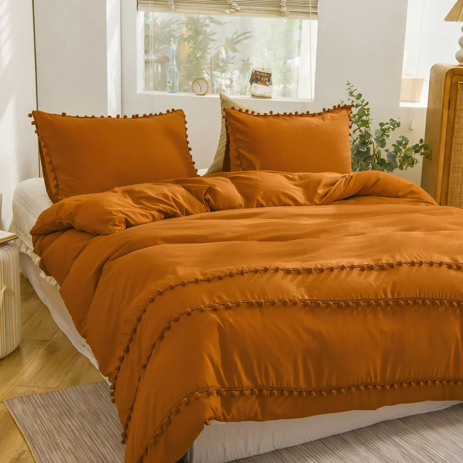 Burnt Orange Duvet Cover Set Pumpkin Pom Poms Bedding Triple Rust Ball Fringe Pattern Chic Boho Caramel Dropshipers Bedding Sets