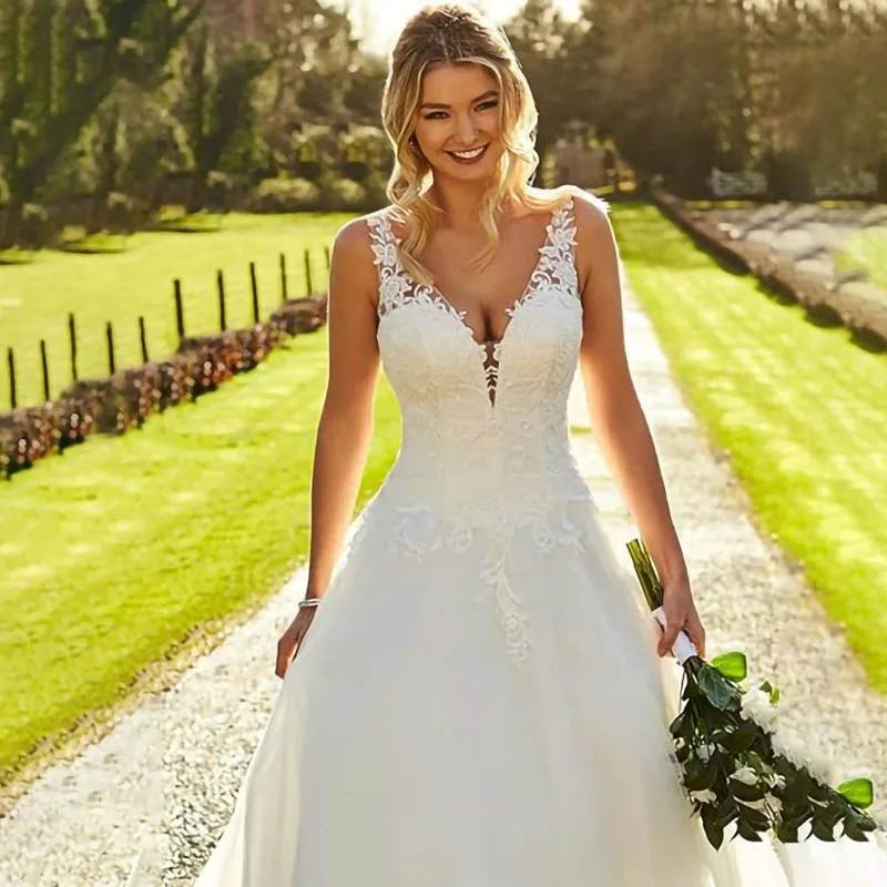 Abiti da sposa da donna Fair per la sposa 2024 con scollo a V cinghie di perline Appliques di pizzo abito da sposa per le donne