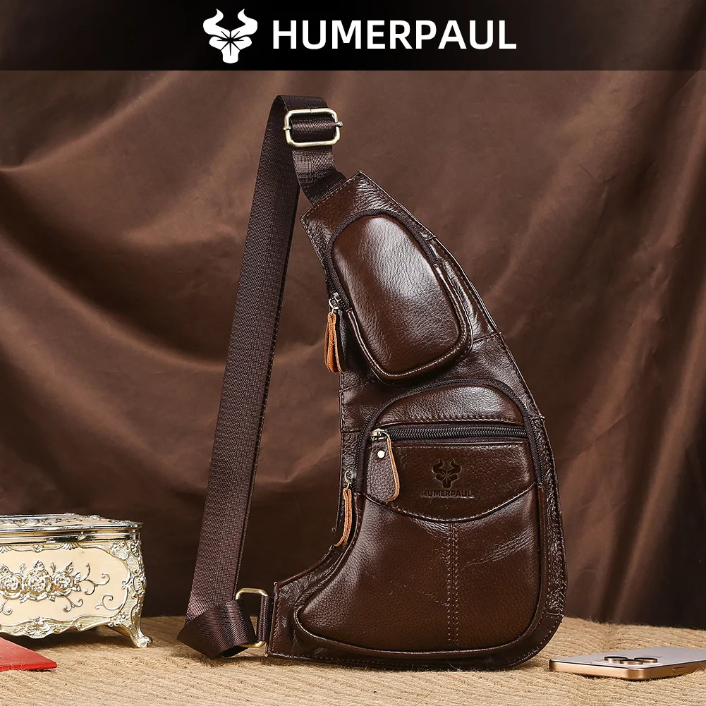 

HUMERPAUL Retro Leather Chest Bag Men's Large Capacity Single-shoulder Crossbody Bag Outdoor Travel Hiking Camping Phone Pack